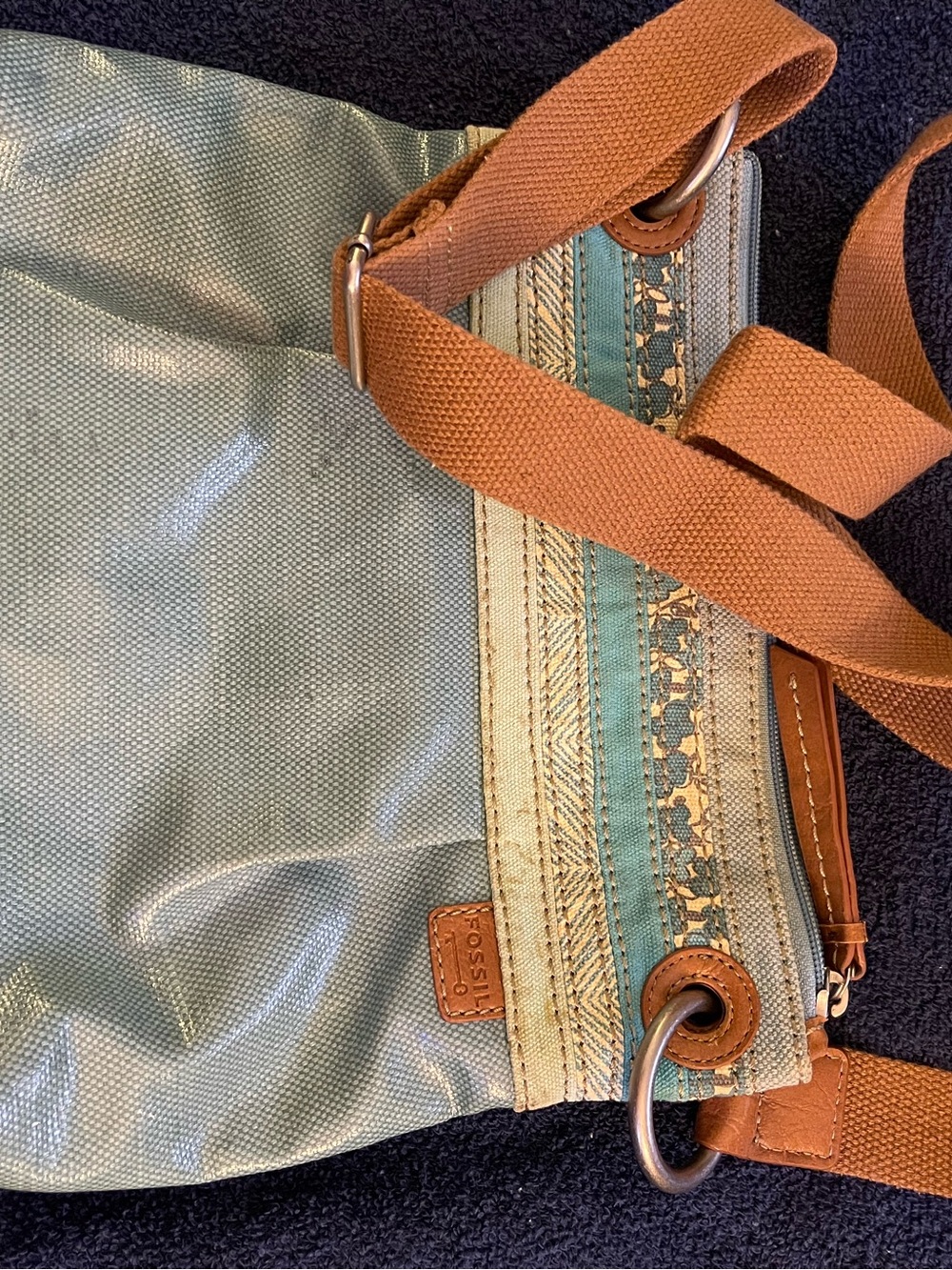 Fossil Teal and Tan Canvas Crossbody with Patterned Trim